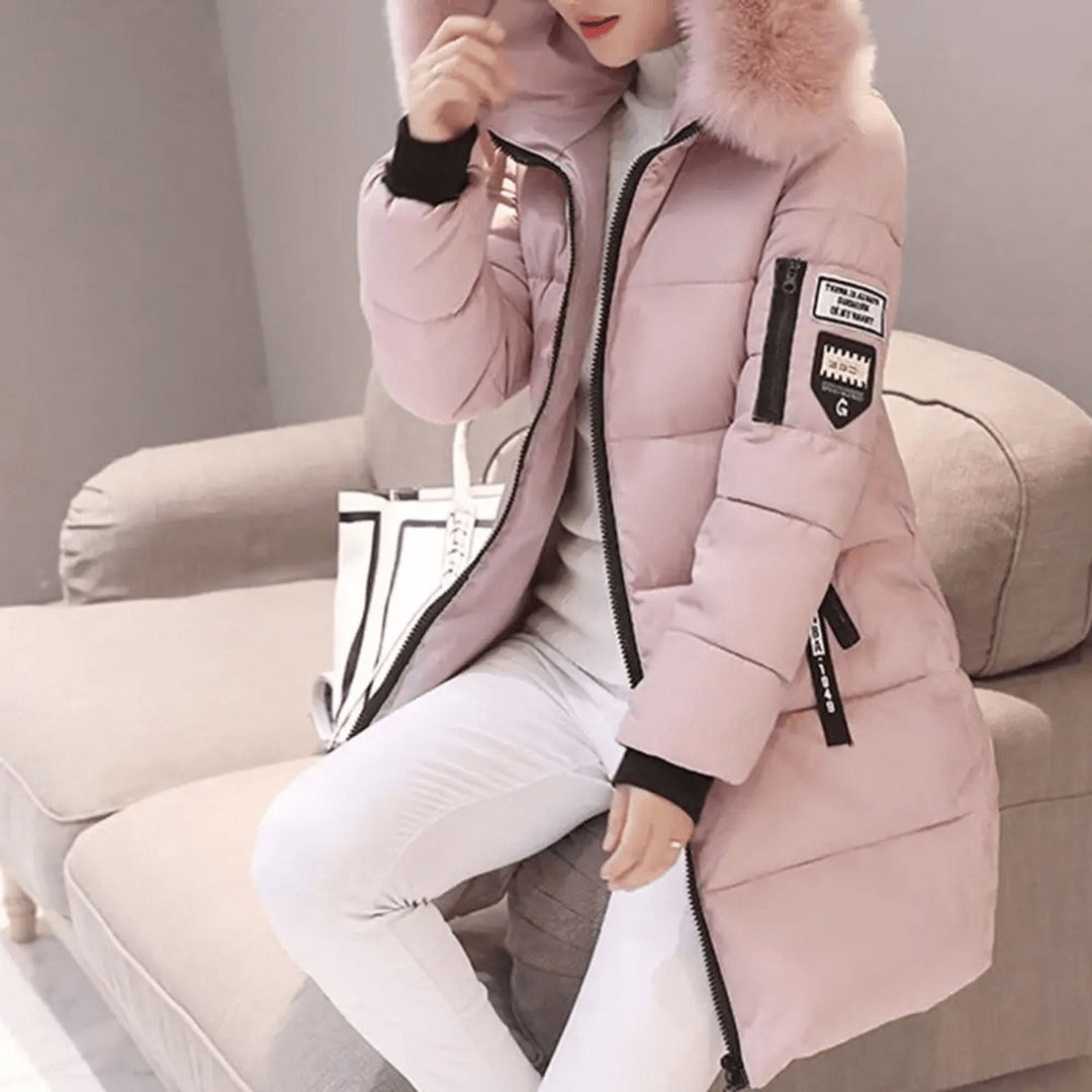 Mid-Length Quilted Puffer Coat with Faux Fur Hood