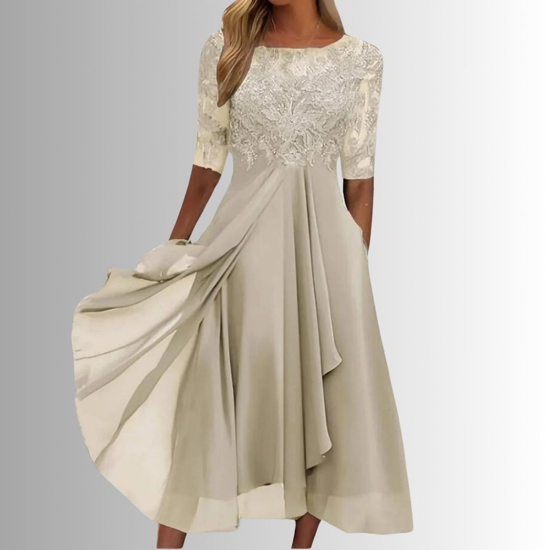 Lace Bodice Chiffon Midi Dress