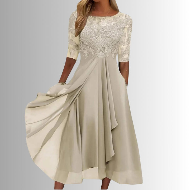 Lace Bodice Chiffon Midi Dress