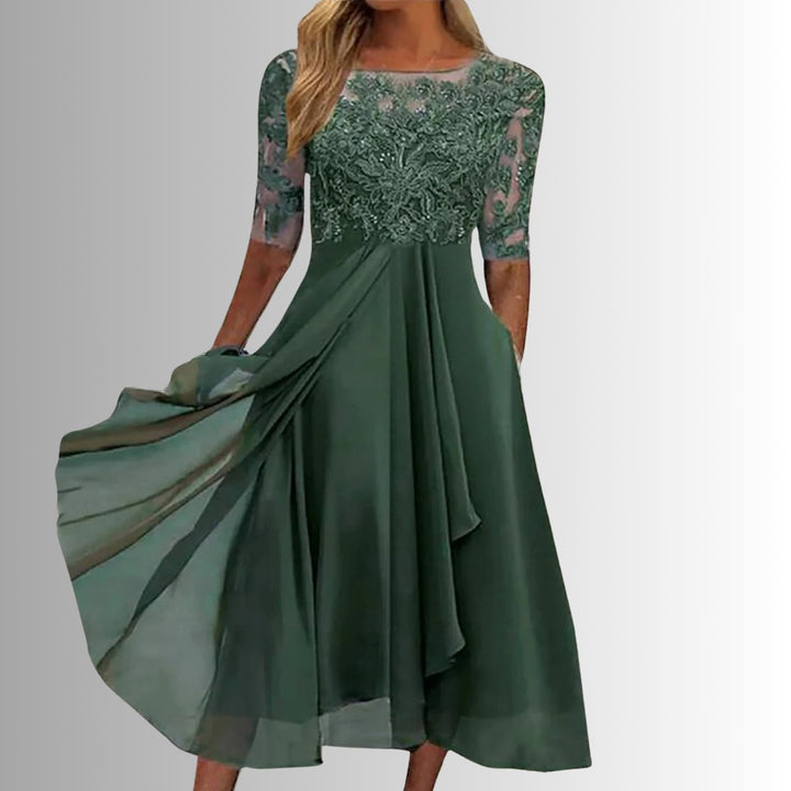 Lace Bodice Chiffon Midi Dress