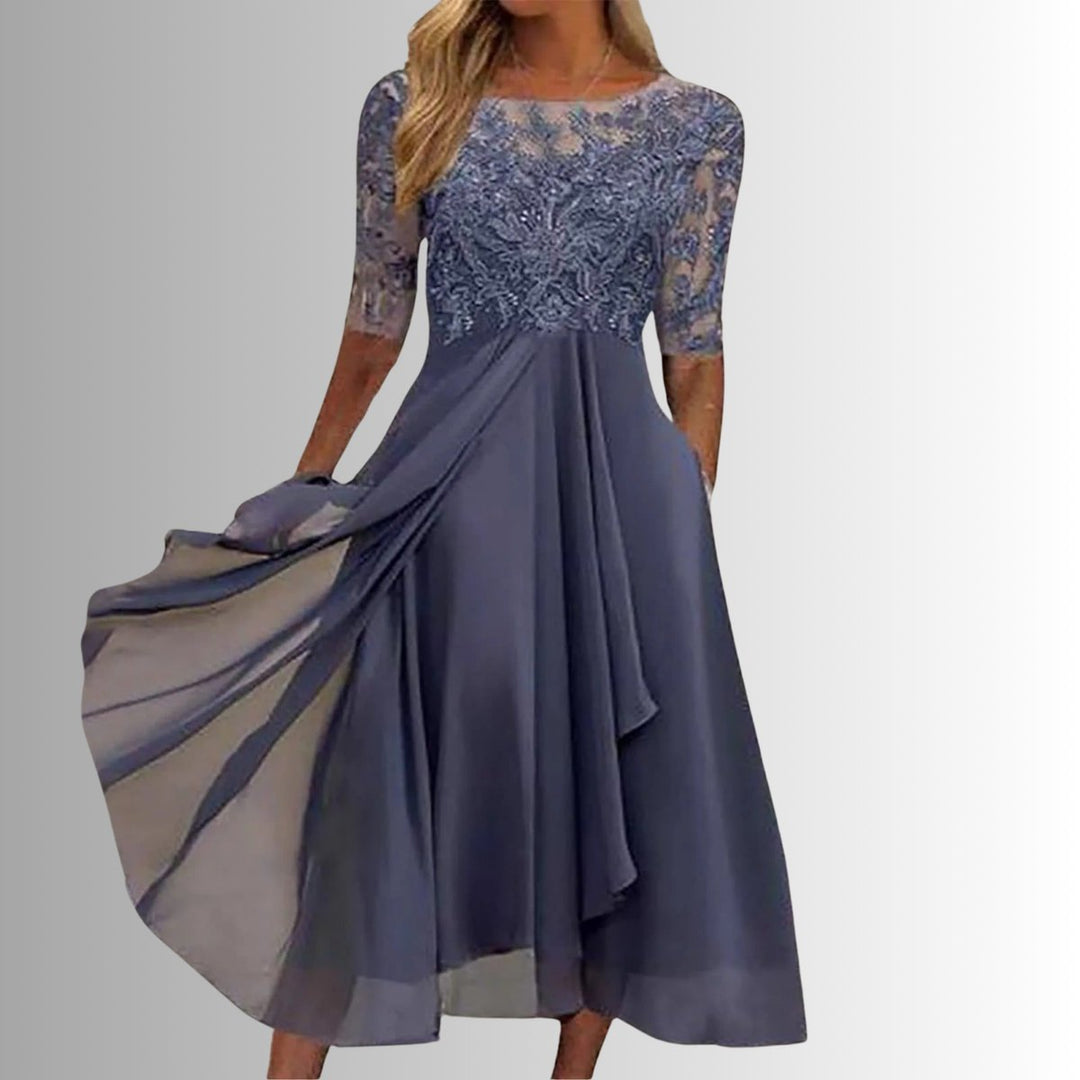 Lace Bodice Chiffon Midi Dress