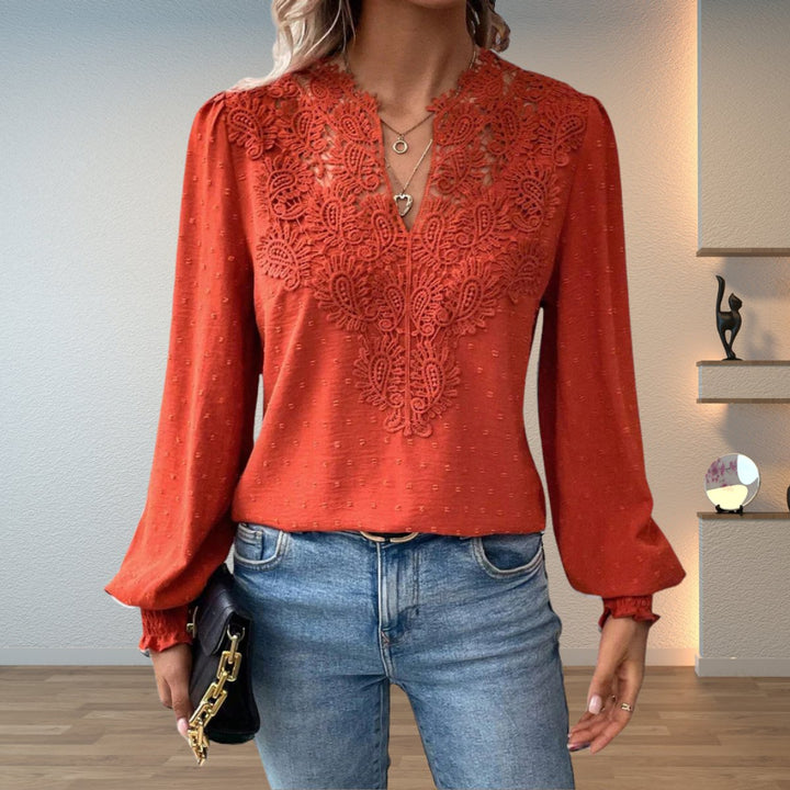 Lace Bodice V-Neck Long Sleeve Blouse