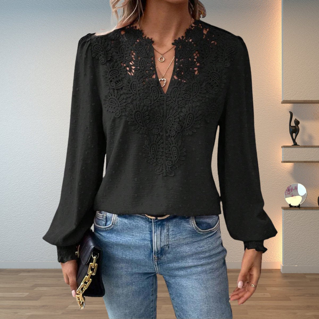 Lace Bodice V-Neck Long Sleeve Blouse