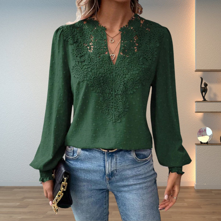 Lace Bodice V-Neck Long Sleeve Blouse