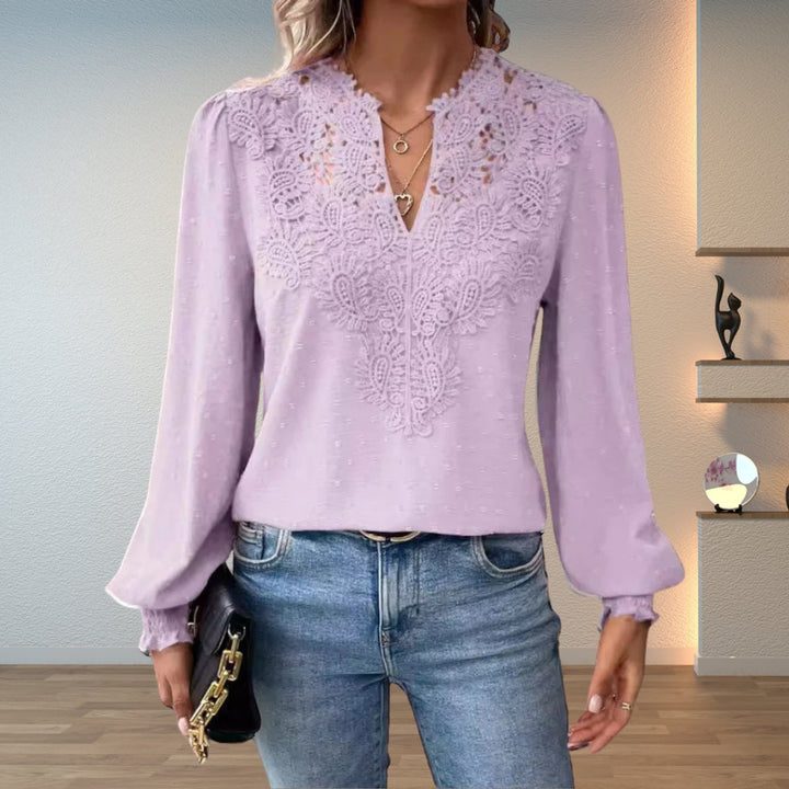 Lace Bodice V-Neck Long Sleeve Blouse