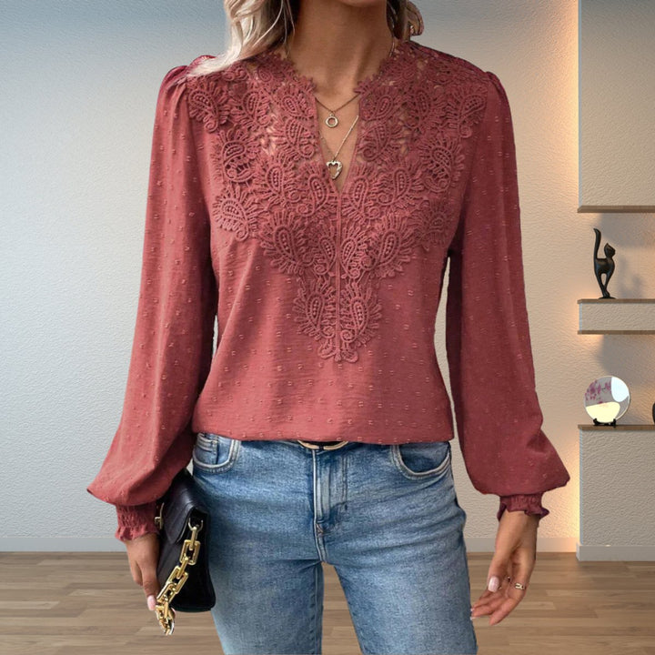 Lace Bodice V-Neck Long Sleeve Blouse