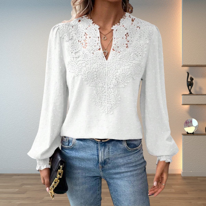 Lace Bodice V-Neck Long Sleeve Blouse
