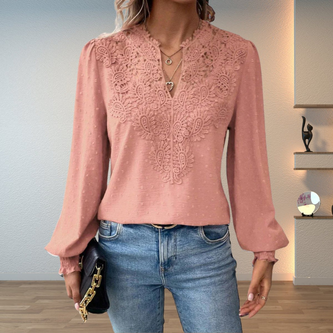 Lace Bodice V-Neck Long Sleeve Blouse