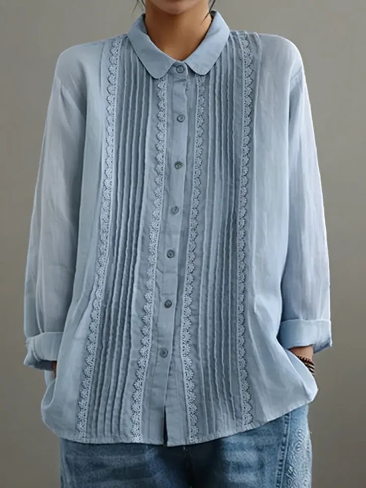 Lace Trim Pleated Front Long Sleeve Blouse