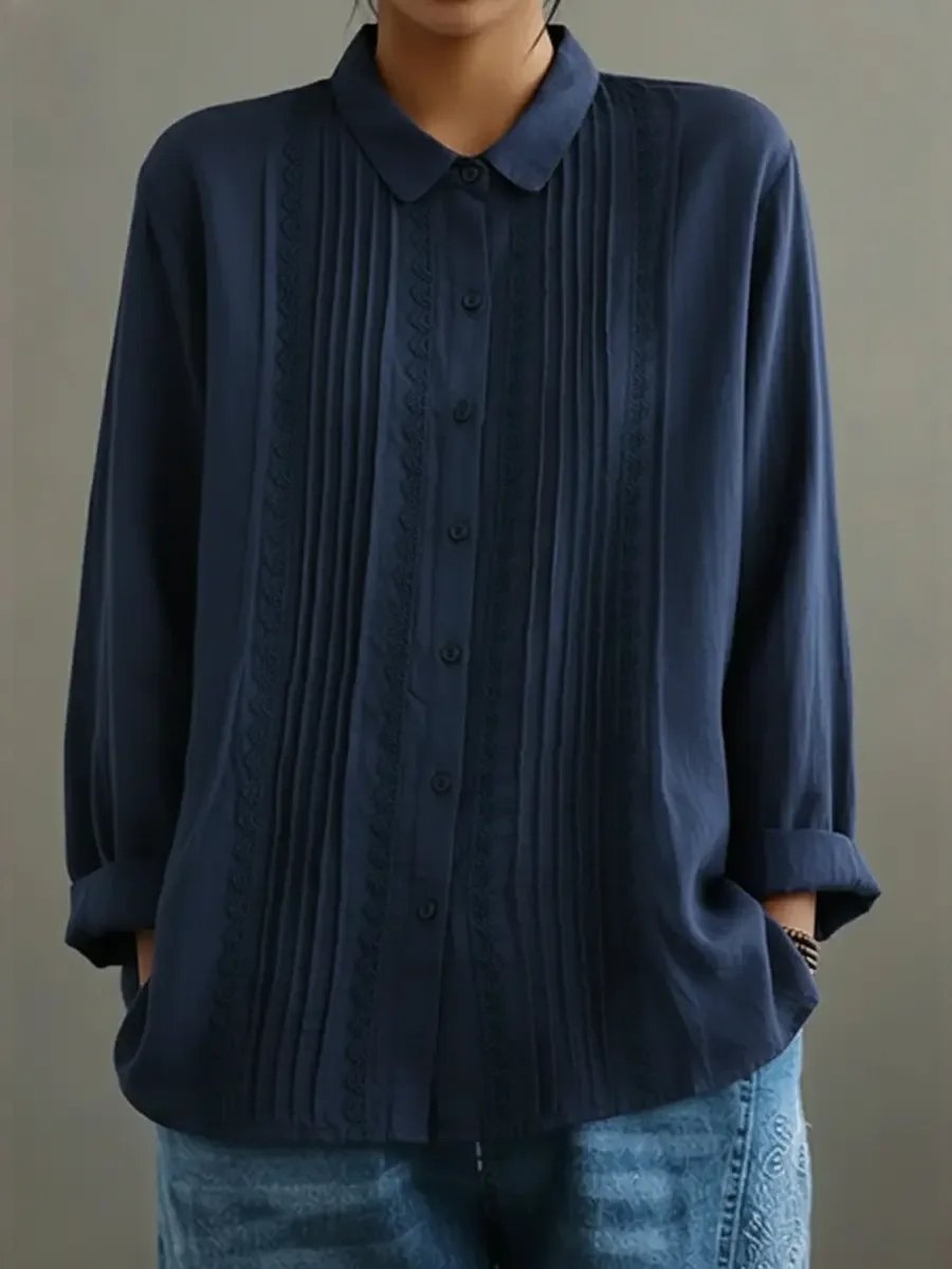 Lace Trim Pleated Front Long Sleeve Blouse