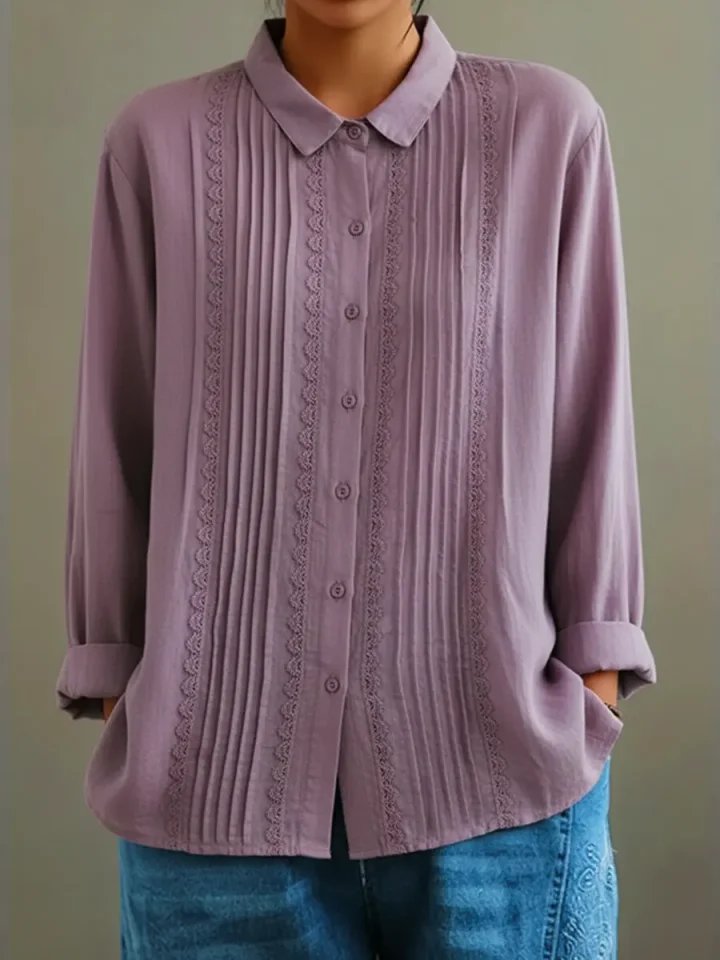 Lace Trim Pleated Front Long Sleeve Blouse