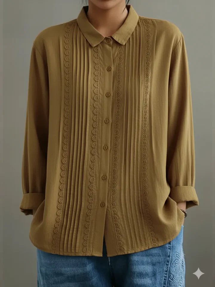 Lace Trim Pleated Front Long Sleeve Blouse