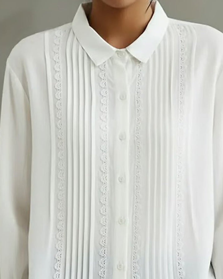 Lace Trim Pleated Front Long Sleeve Blouse