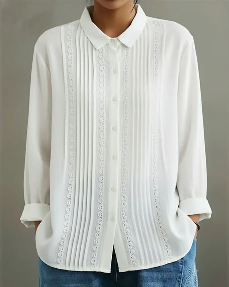 Lace Trim Pleated Front Long Sleeve Blouse
