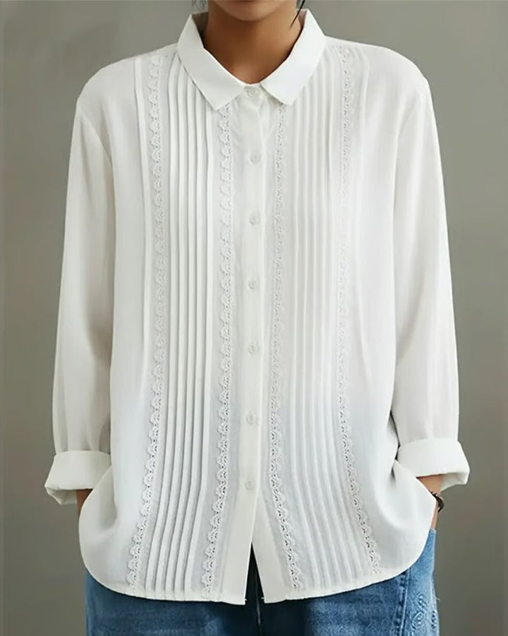 Lace Trim Pleated Front Long Sleeve Blouse