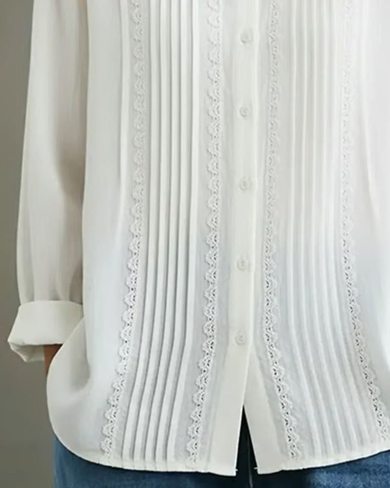 Lace Trim Pleated Front Long Sleeve Blouse