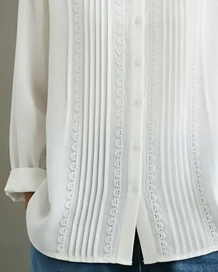 Lace Trim Pleated Front Long Sleeve Blouse
