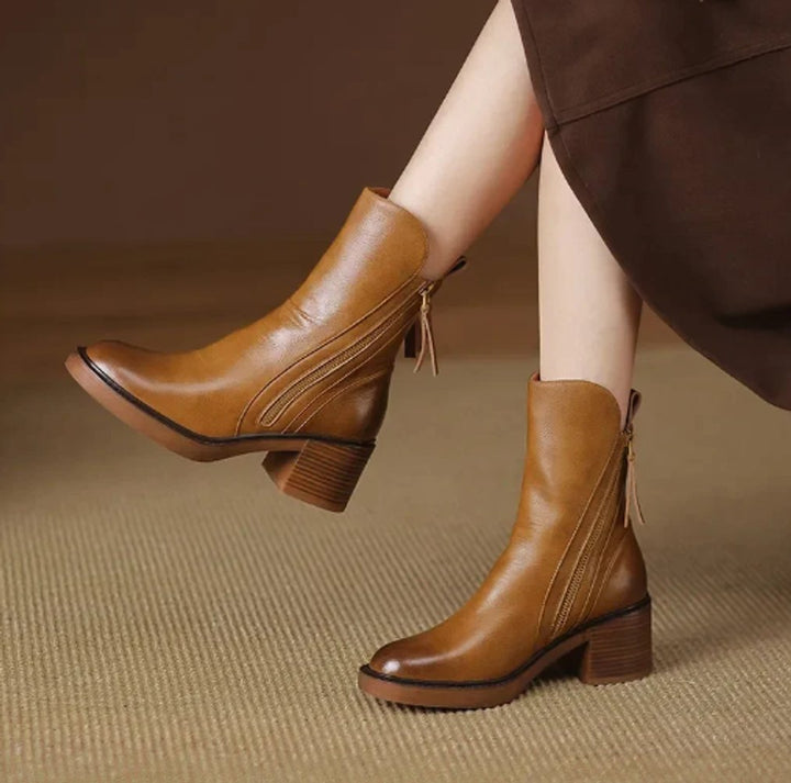 Leather Block-Heel Ankle Boots