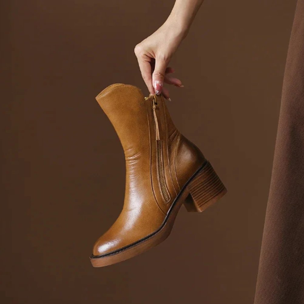 Leather Block-Heel Ankle Boots