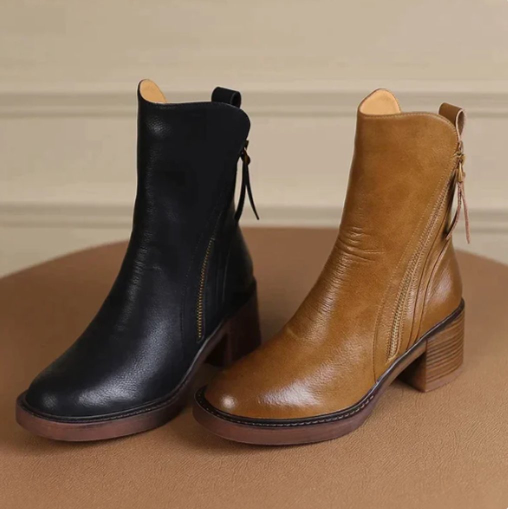 Leather Block-Heel Ankle Boots