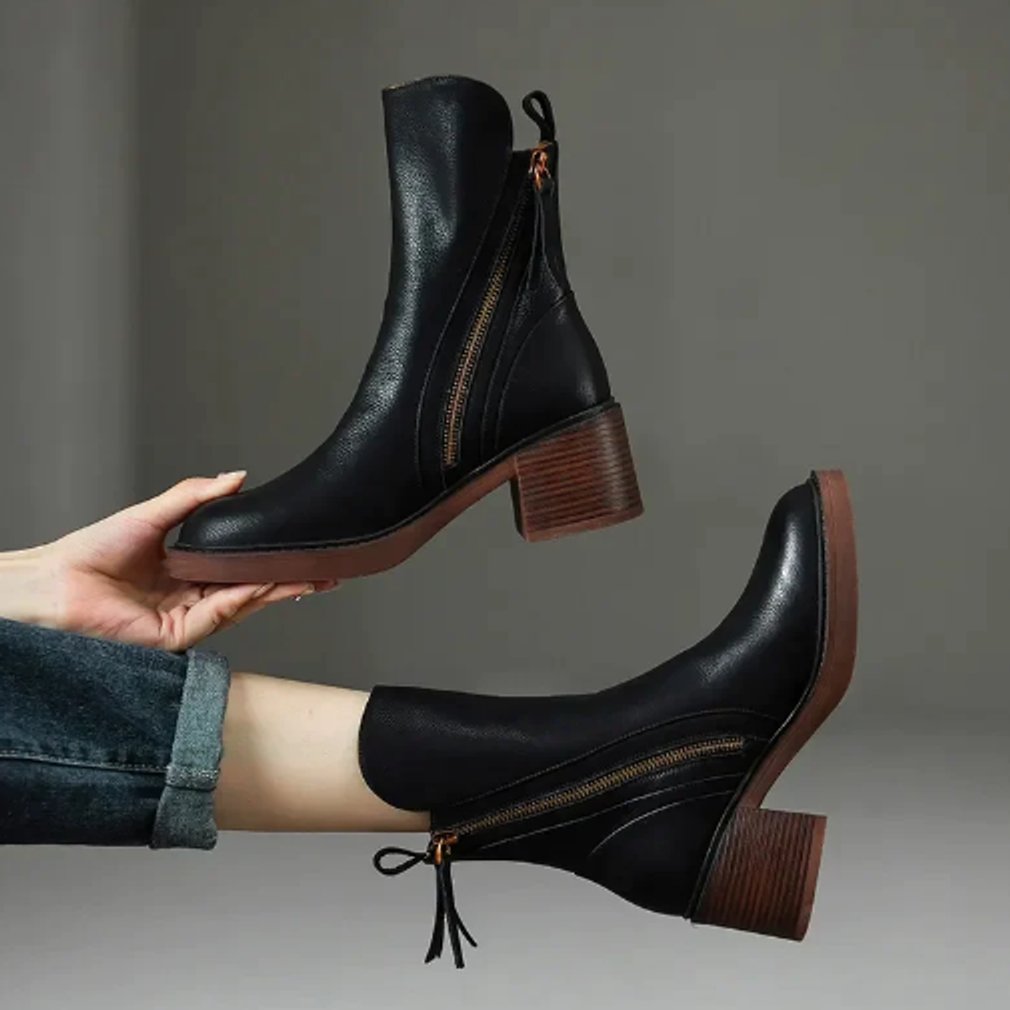 Leather Block-Heel Ankle Boots