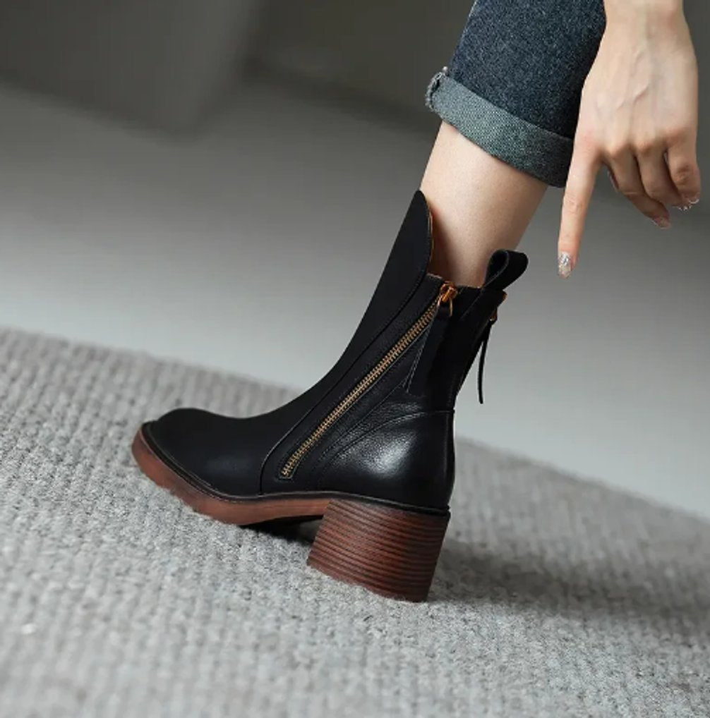 Leather Block-Heel Ankle Boots