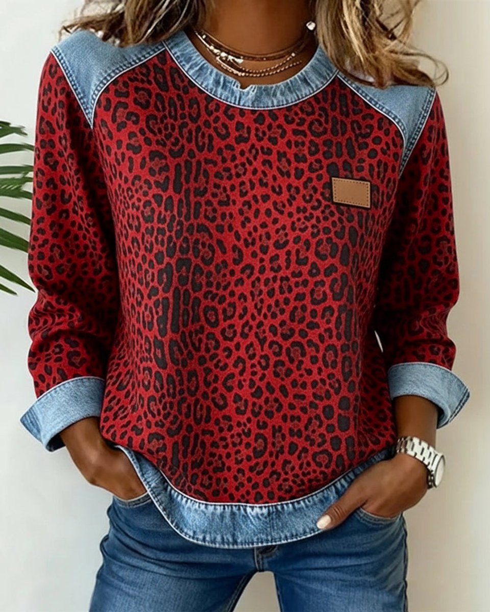 Leopard Print Denim Patchwork Sweater