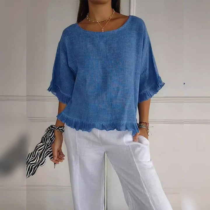 Lightweight Frayed-Edge Three-Quarter Sleeve Blouse