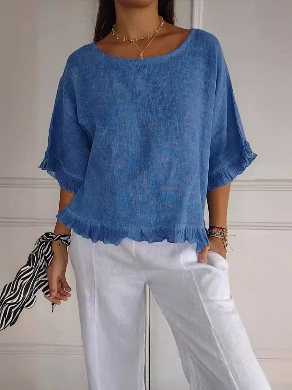 Lightweight Frayed-Edge Three-Quarter Sleeve Blouse