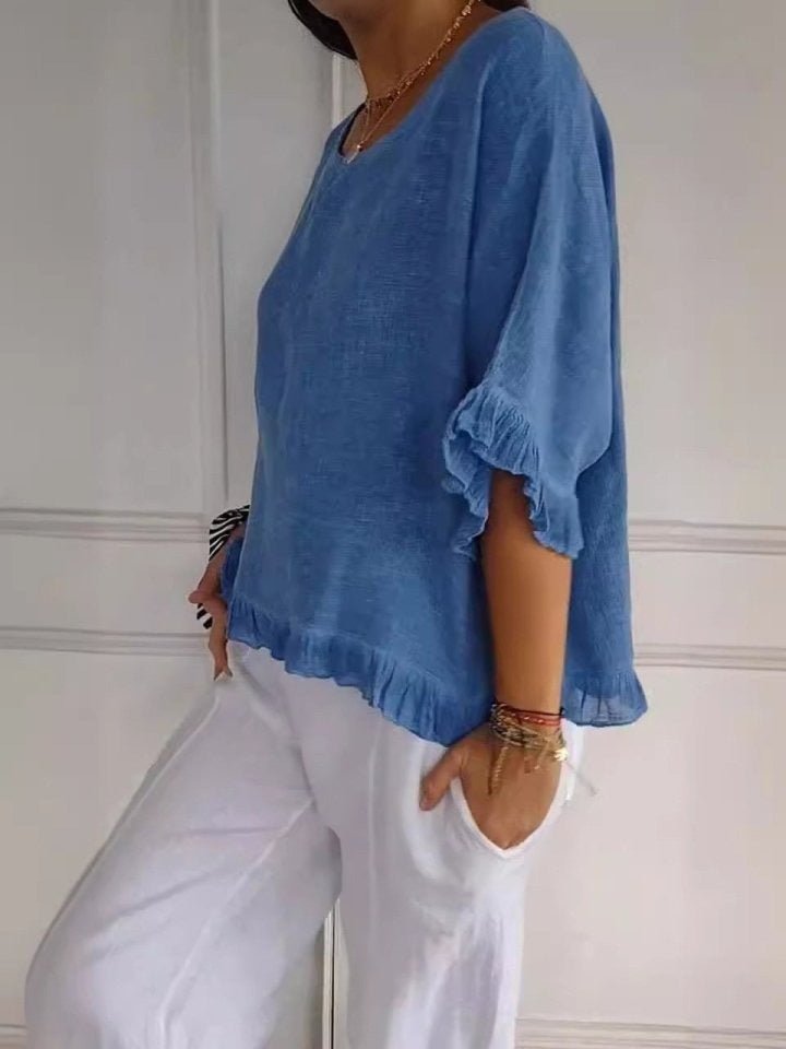 Lightweight Frayed-Edge Three-Quarter Sleeve Blouse