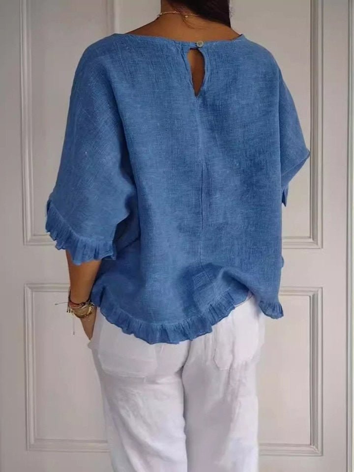 Lightweight Frayed-Edge Three-Quarter Sleeve Blouse