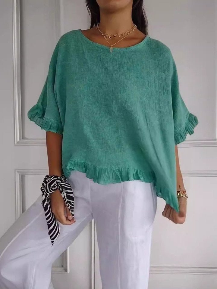 Lightweight Frayed-Edge Three-Quarter Sleeve Blouse