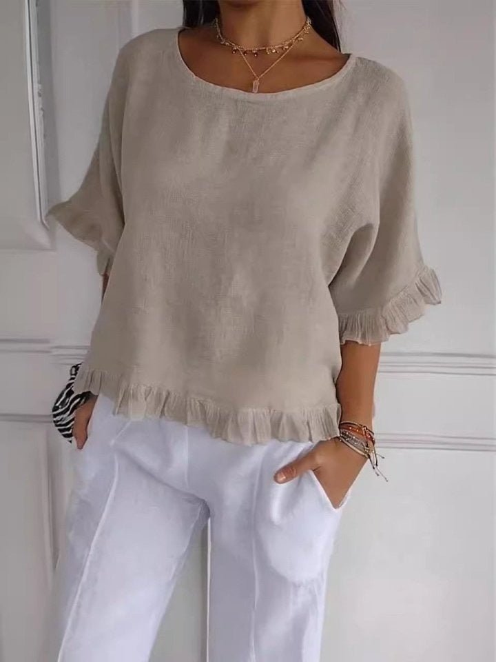 Lightweight Frayed-Edge Three-Quarter Sleeve Blouse