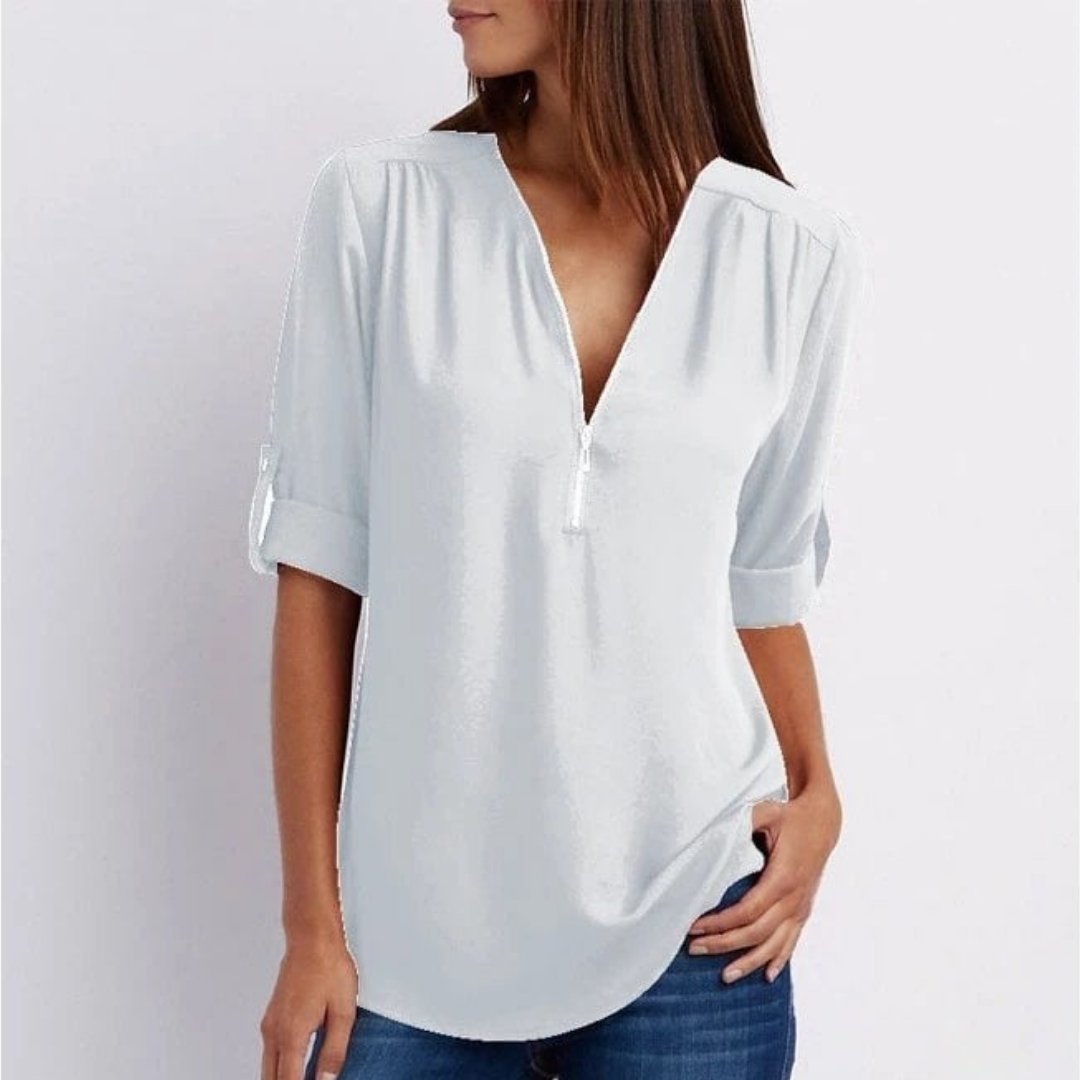 Lightweight Zip-Front V-Neck Blouse