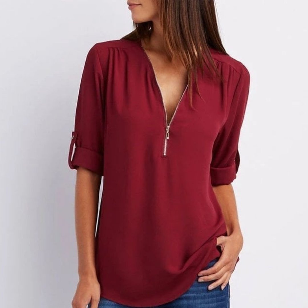 Lightweight Zip-Front V-Neck Blouse