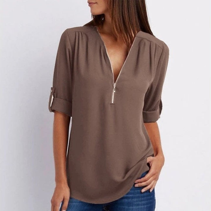 Lightweight Zip-Front V-Neck Blouse
