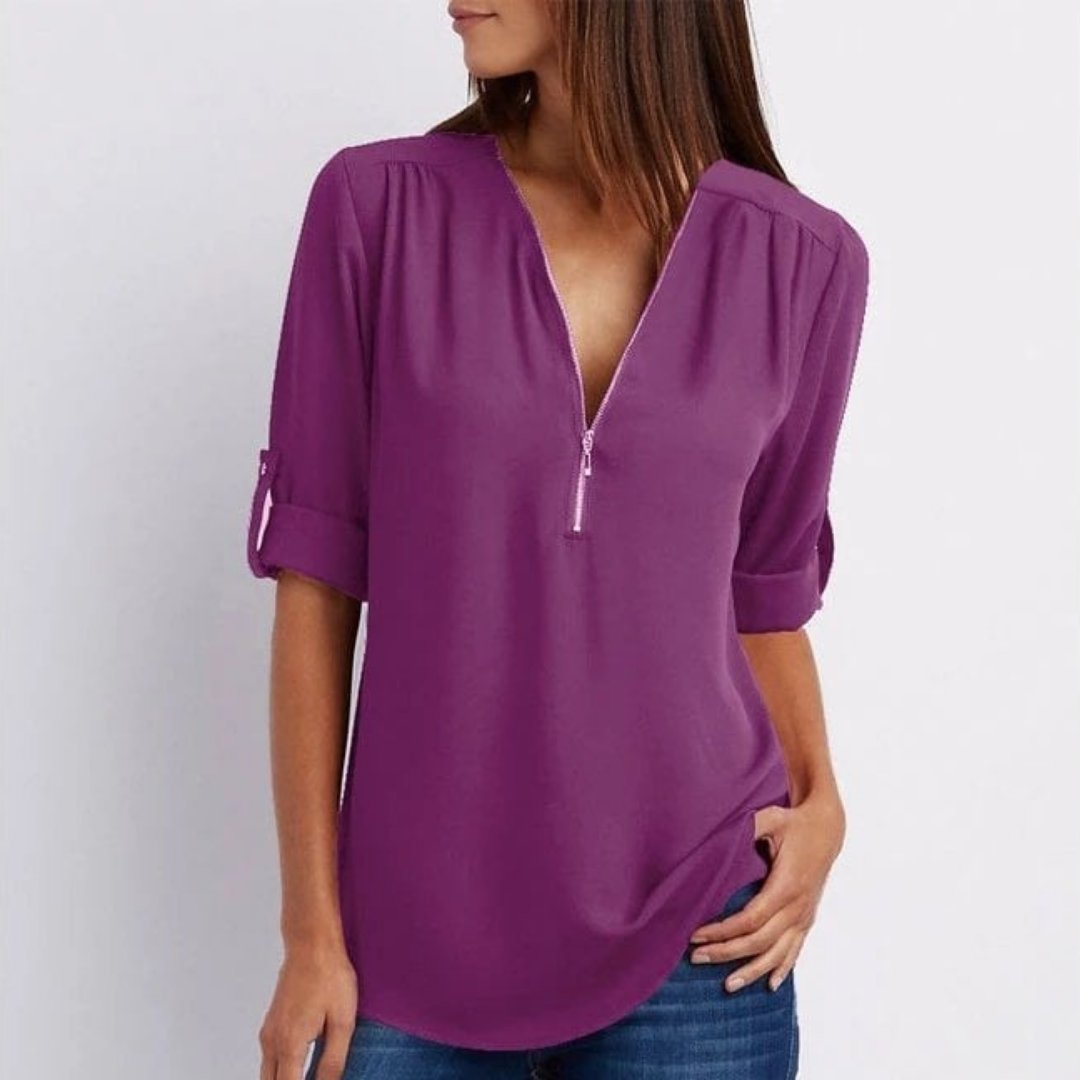 Lightweight Zip-Front V-Neck Blouse