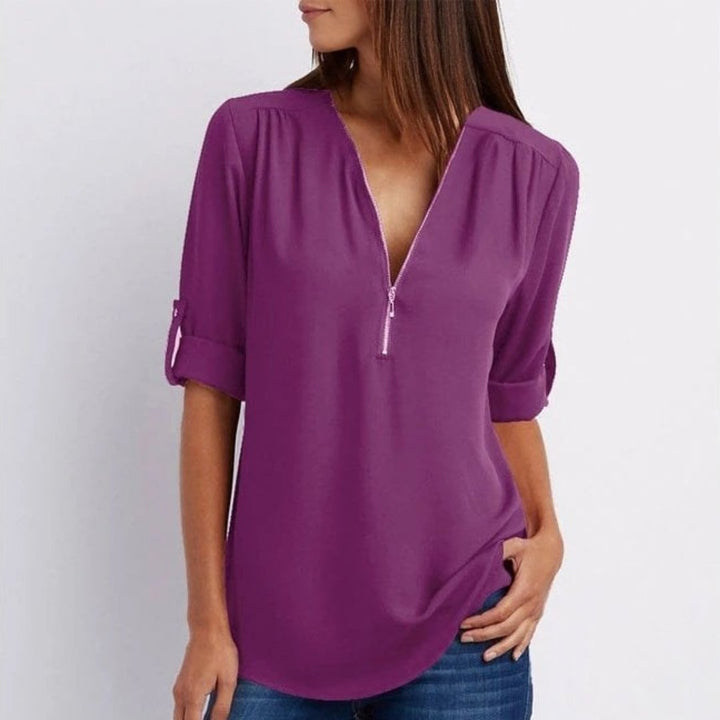 Lightweight Zip-Front V-Neck Blouse