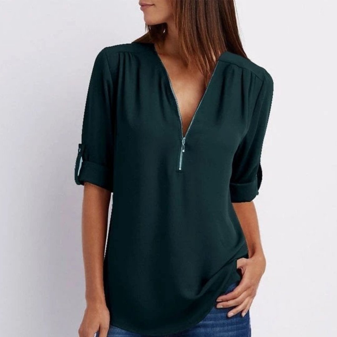 Lightweight Zip-Front V-Neck Blouse