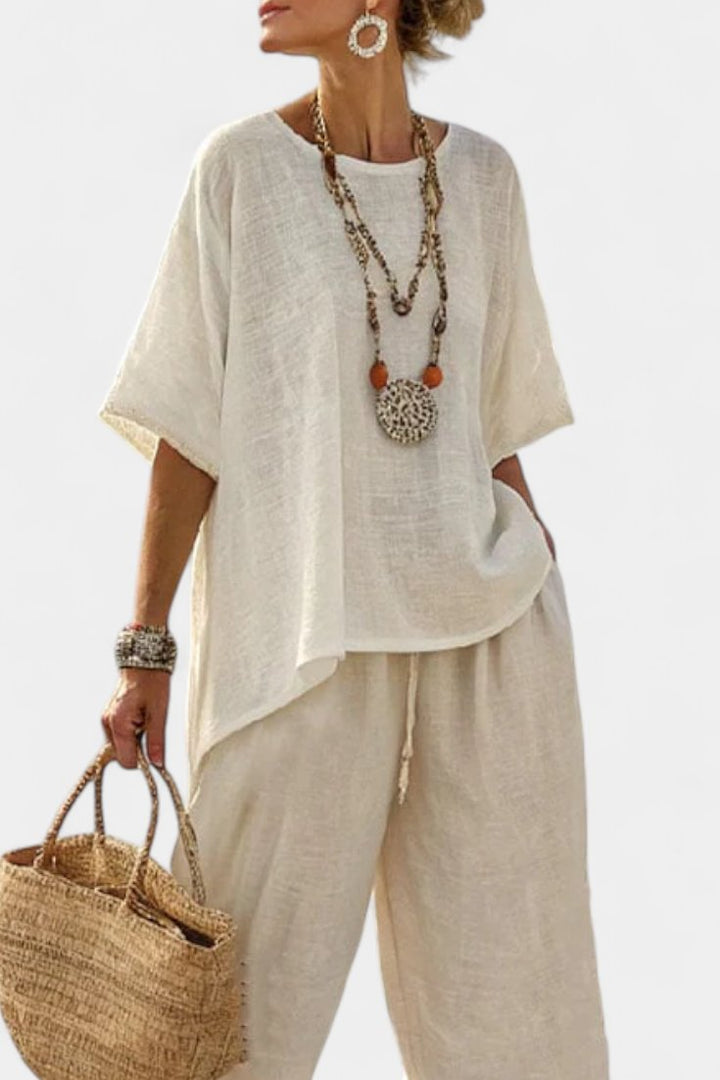 Linen Asymmetric Top and Wide-Leg Trouser Set