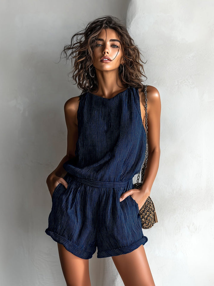 Linen-Blend Sleeveless Boat-Neck Romper