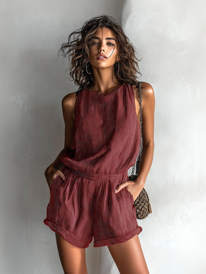 Linen-Blend Sleeveless Boat-Neck Romper