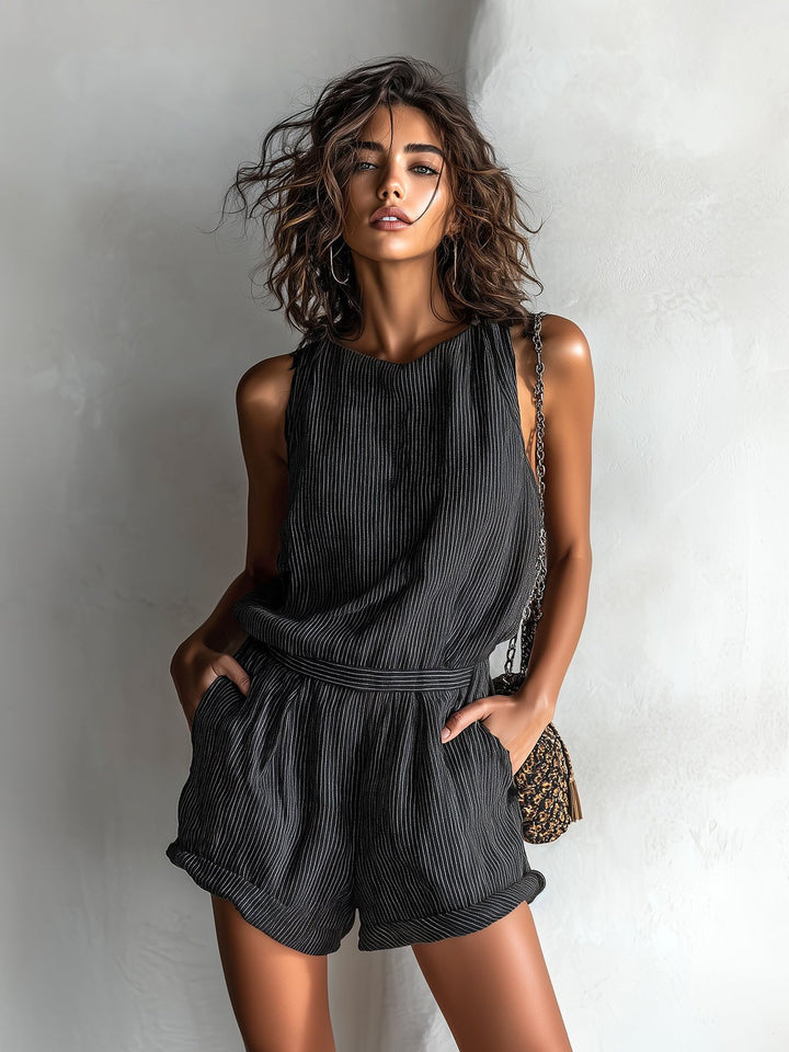 Linen-Blend Sleeveless Boat-Neck Romper