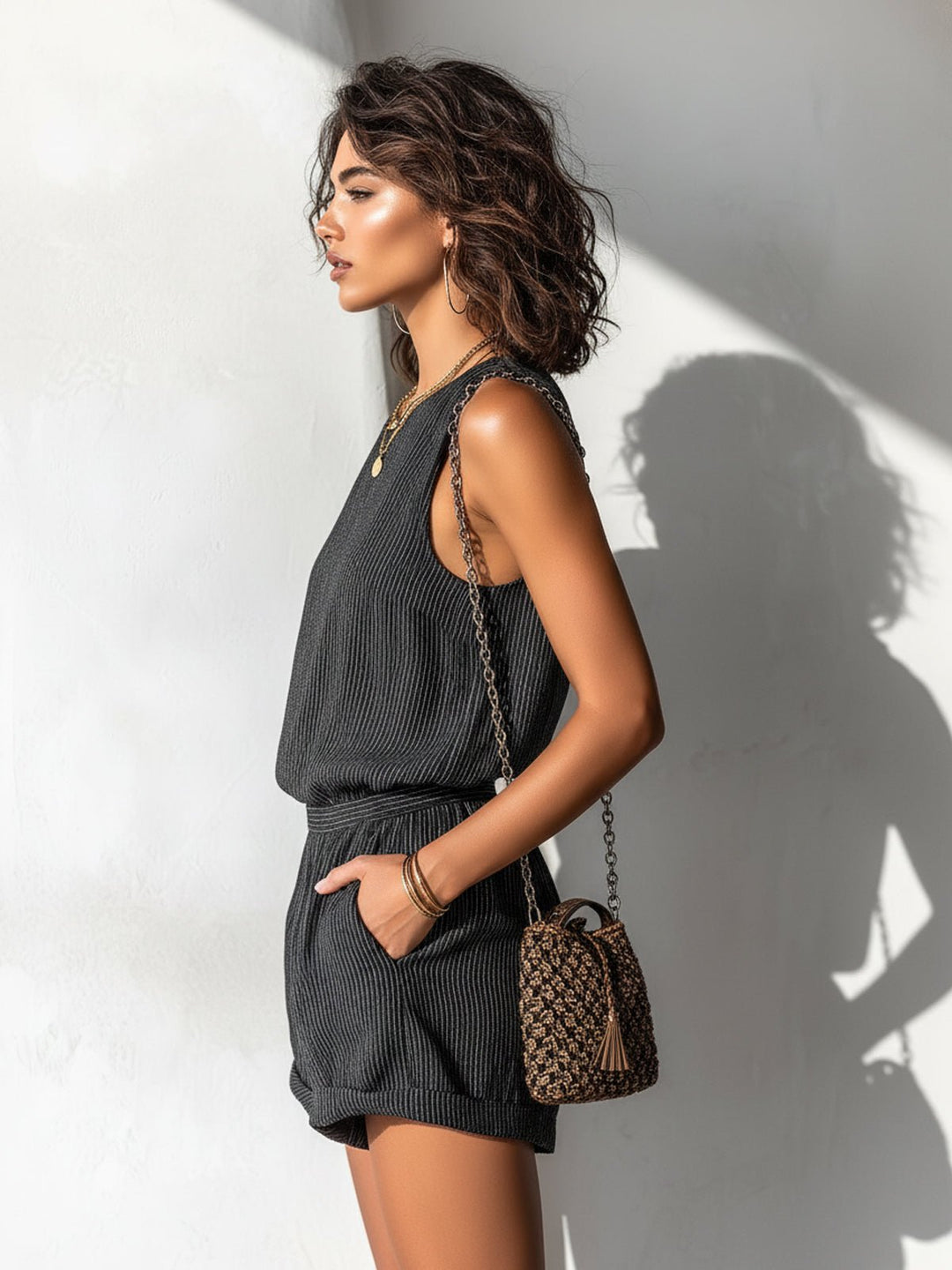 Linen-Blend Sleeveless Boat-Neck Romper