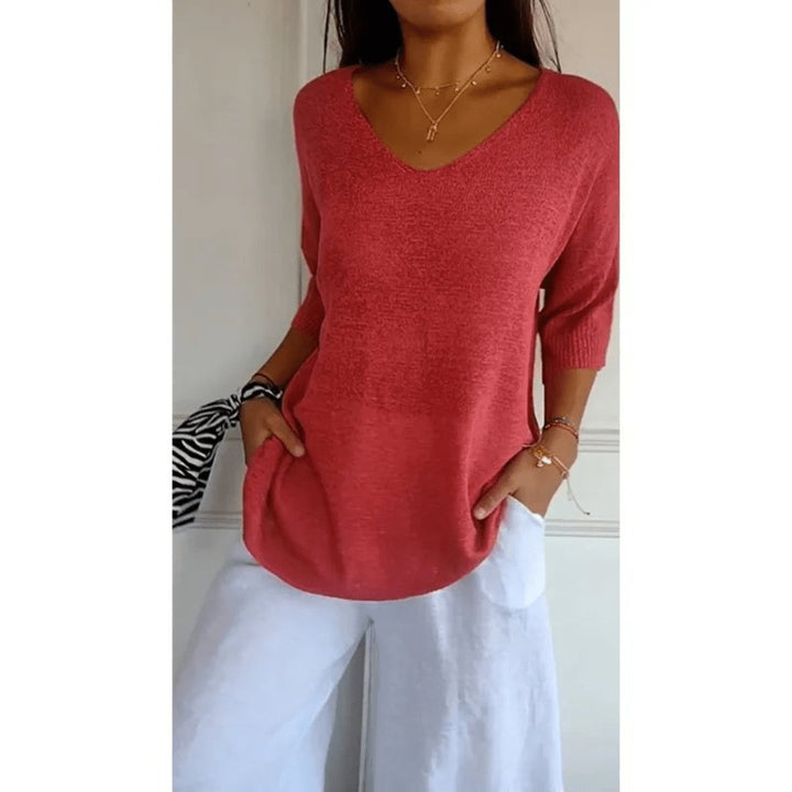 Linen V-Neck Blouse with 3/4 Sleeves