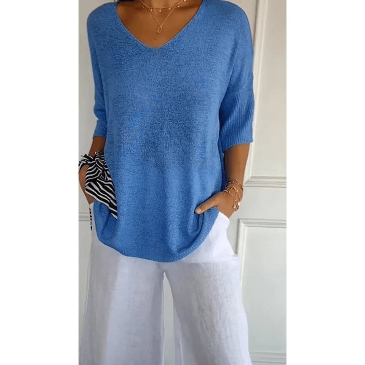Linen V-Neck Blouse with 3/4 Sleeves