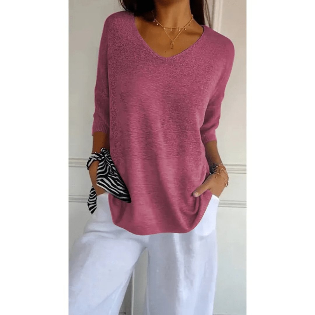 Linen V-Neck Blouse with 3/4 Sleeves