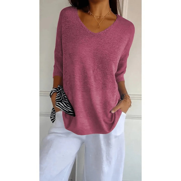 Linen V-Neck Blouse with 3/4 Sleeves