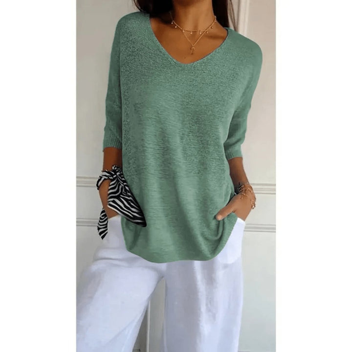 Linen V-Neck Blouse with 3/4 Sleeves