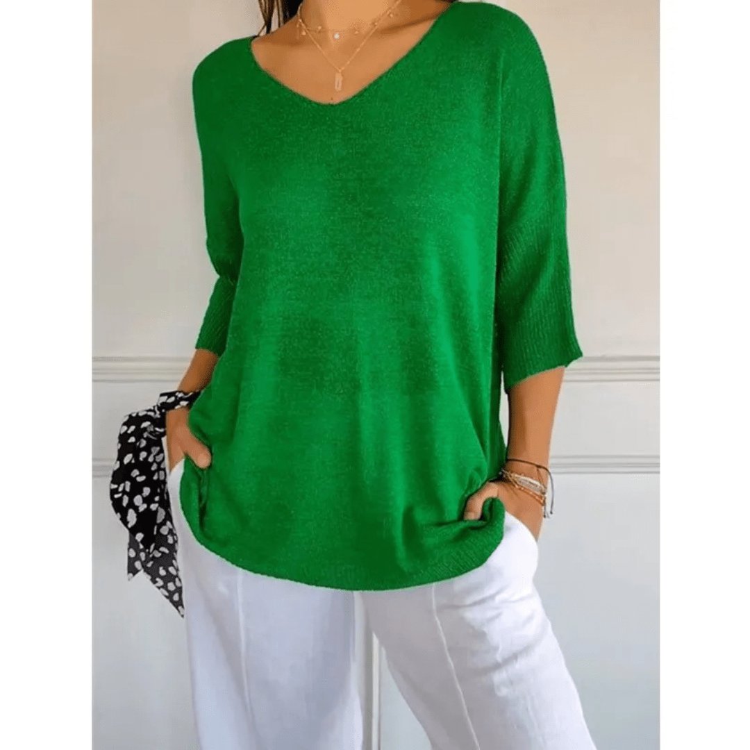 Linen V-Neck Blouse with 3/4 Sleeves